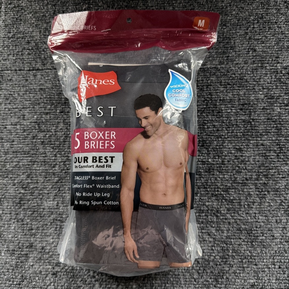 NEW Hanes Best Men's Tagless Boxer Briefs Cotton Jersey Black 5-Pack Size M